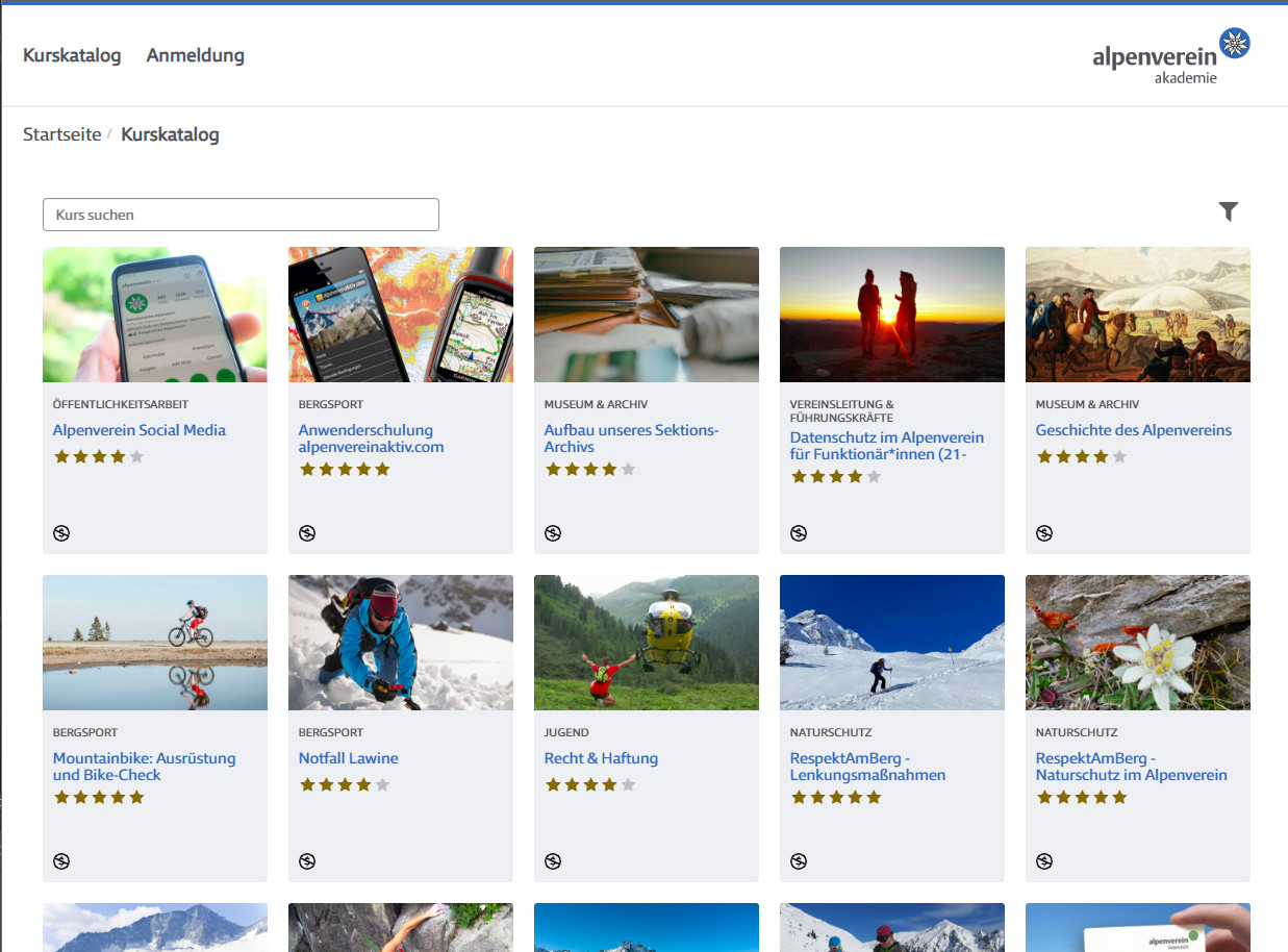 Kurskatalog der E-Learning Plattform der Alpenverein Akademie