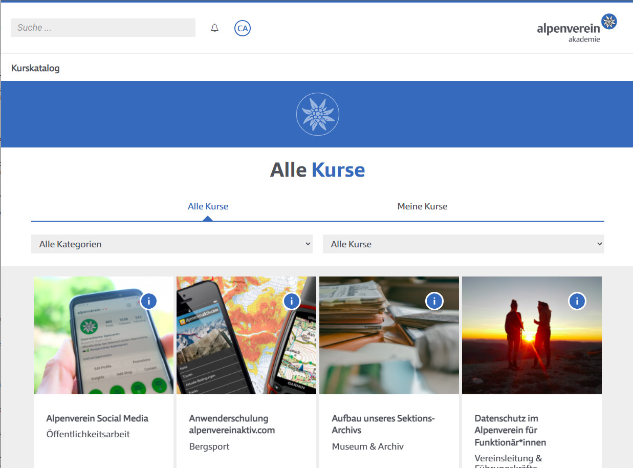 Kurskatalog der E-Learning Plattform der Alpenverein Akademie