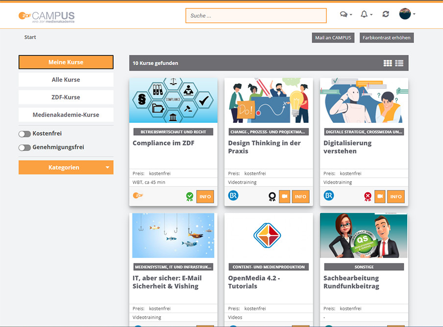 Kursübersicht in der ARD.ZDF Medienakademie E-Learning Plattform