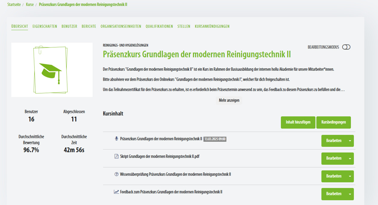 Ansicht eines Praesenzkurses als Admin in eFront